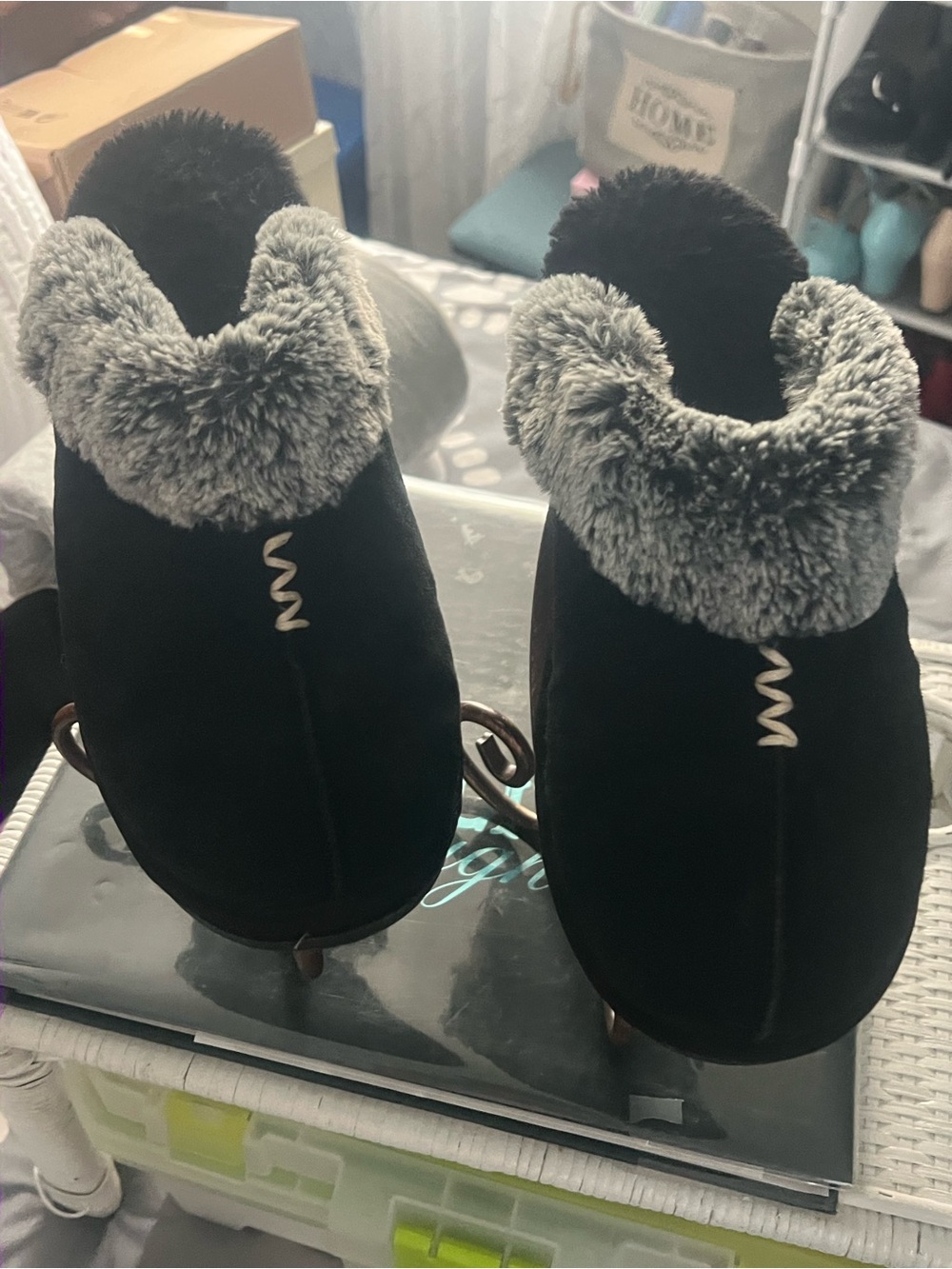 Secret Treasures Black Slippers with Gray Faux Fur Cuff